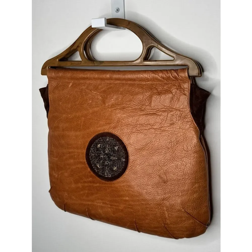1990s Lilith NYC Acrylic Handle Leather Bag Cognac Brown Suede Purse